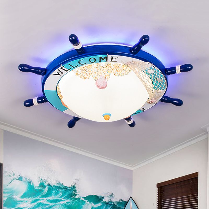 Wood Ship Rudder Flush Mount Mediterranean Blue/Light-Blue LED Ceiling Light with Dome Matte Glass Shade and Marine Element