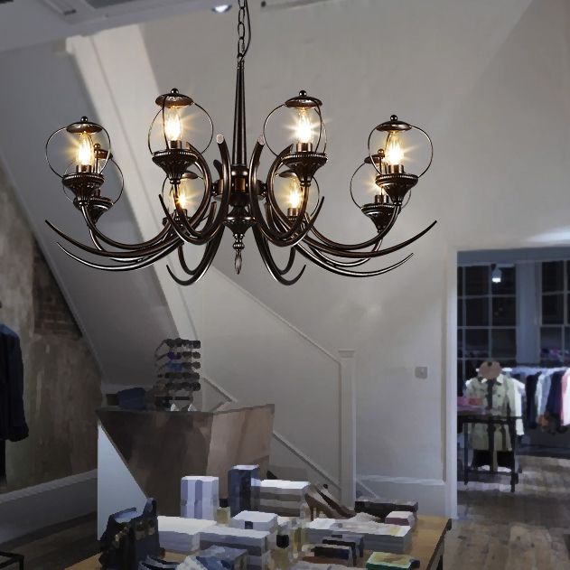 Farmhouse Wire Guard Chandelier Lighting with Curved Arm 8 Heads Iron Hanging Light Fixture in Black