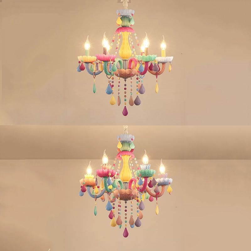 Kids Candle Pendant Light with Crystal Glass 6 Lights Multi-Color Chandelier for Child Bedroom