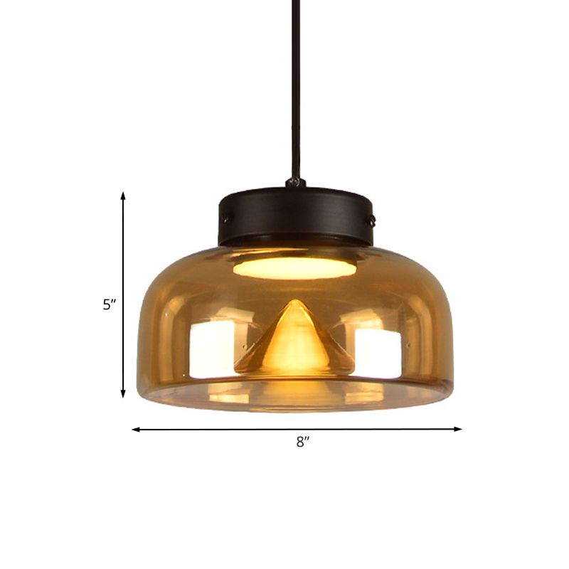 Bedside LED Down Lighting Postmodern Black Pendant Lamp with Bowl Amber Glass Shade