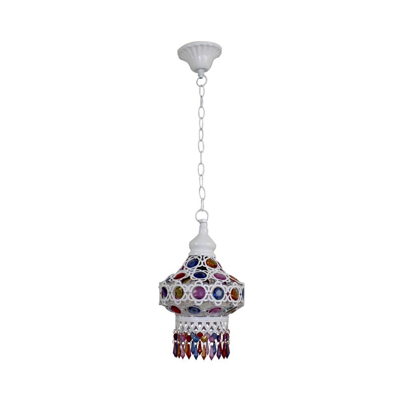 Lantern Metal Ceiling Pendant Bohemian 1 Light Living Room Hanging Ceiling Light in White/Blue