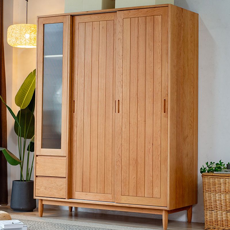 Wooden Kid's Wardrobe in Brown High Gloss Coat Locker with Garment Rod