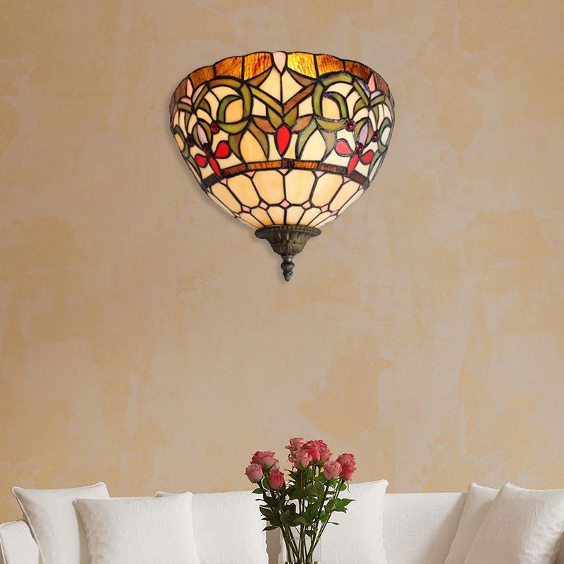 Rustic Bowl Wall Sconce Lighting Stained Glass 1 Bulb Wall Lighting in Multi Color for Staircase