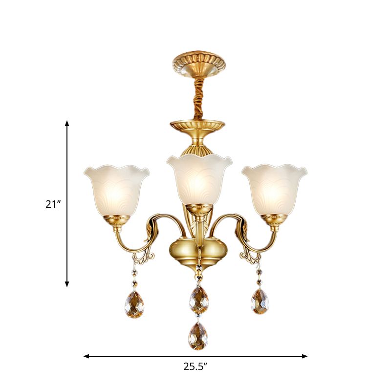 3/5 Glühbirnen Scrollen hängende Lampe traditionelle goldene Kristallblumenschatten Kronleuchter mit klaren Glas Tropfen