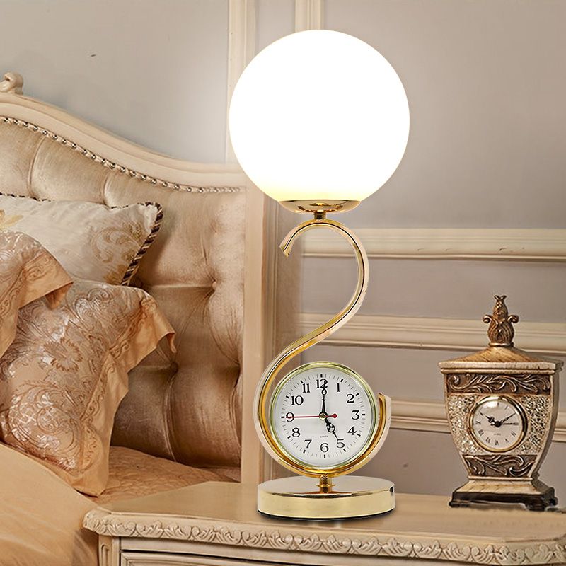 White Glass Ball Nightstand Lamp Modern 1-Light Table Light with S-shaped Base and Clock