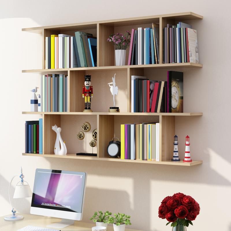 Modern Wall Mounted Shelf Bookcase Horizontal Engineered Wood Bookshelf