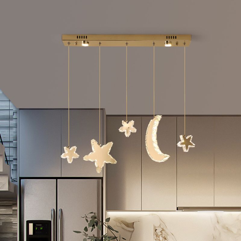 Moon and Star Bedroom Multi Hanging Light Contemporary Clear Crystal Blocks Stainless-Steel LED Pendant Lamp