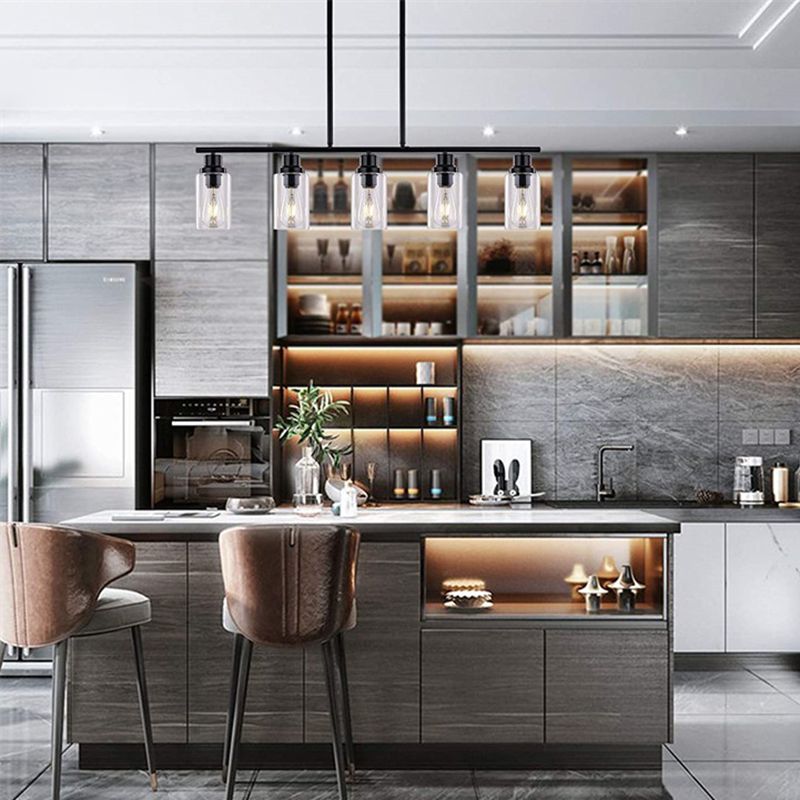 Modern 5-Light Black Island Lighting Design with Clear Glass Shade