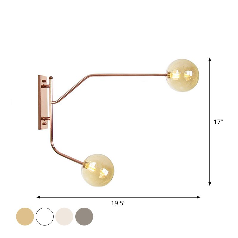 Iron Rose Gold Wall Reading Light Branching 2 Bulbs Industrial Wall Lamp Fixture with Gem/Ball Clear/Smoke Glass Shade
