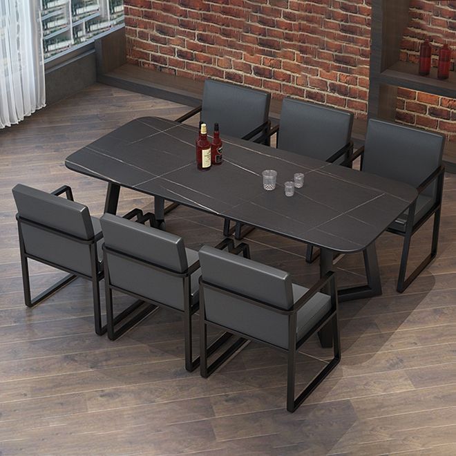 Industrial Style Sintered Stone Dining Table Black Rectangle Table with Sled Base for Dinning Room