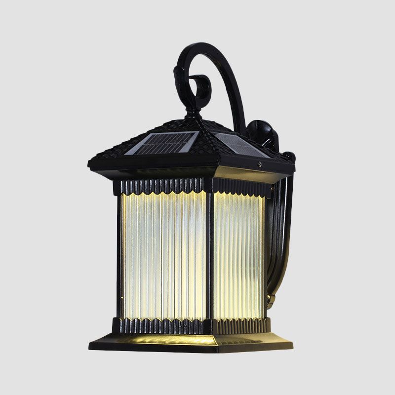 Ribbed Glass Squared Solar Wall Mount Light Retro Outdoor LED Wall Lighting in Black
