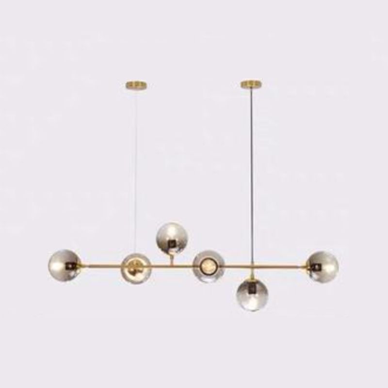 Gold Metal Island Light Modern 6-Head Restaurant Hanging Lamps with Globe Glass Shade