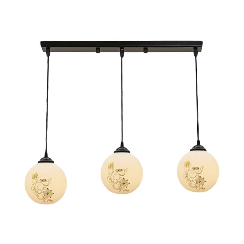 Black Sphere Multi Ceiling Lamp Modernism White Printing Glass 3-Light Dining Room Pendant with Round/Linear Canopy