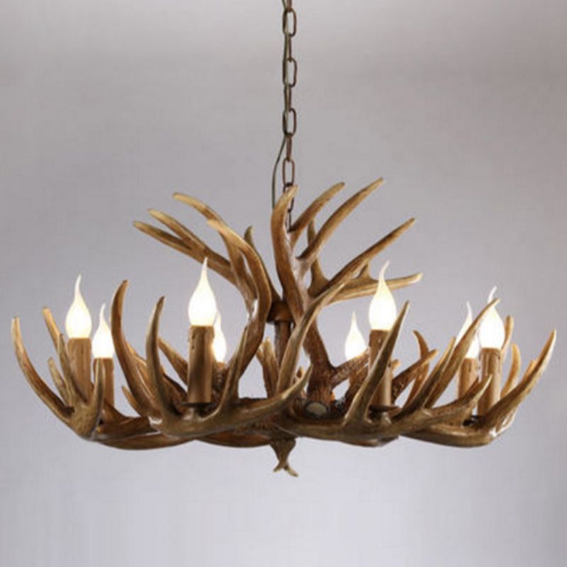 Brown Deer Horn Ceiling Lighting Traditional Resin Living Room Chandelier Light Fixture
