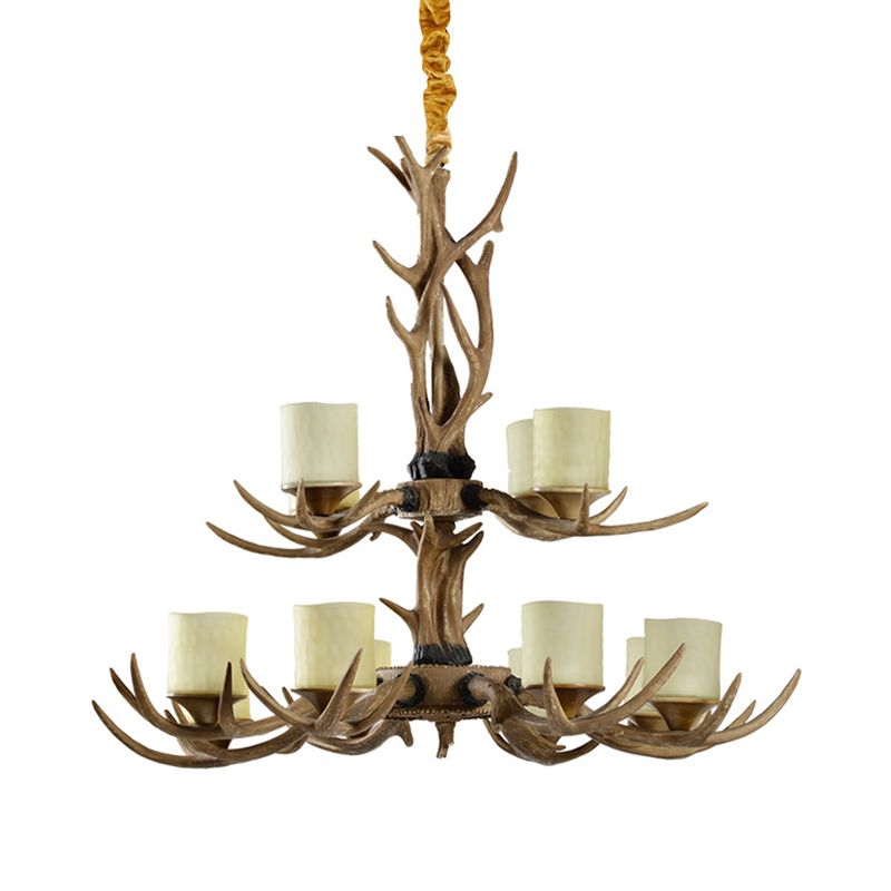 12 Heads Ceiling Chandelier Rustic 2-Tier Resin Hanging Pendant Light in Brown with Cylinder Frosted Glass Shade