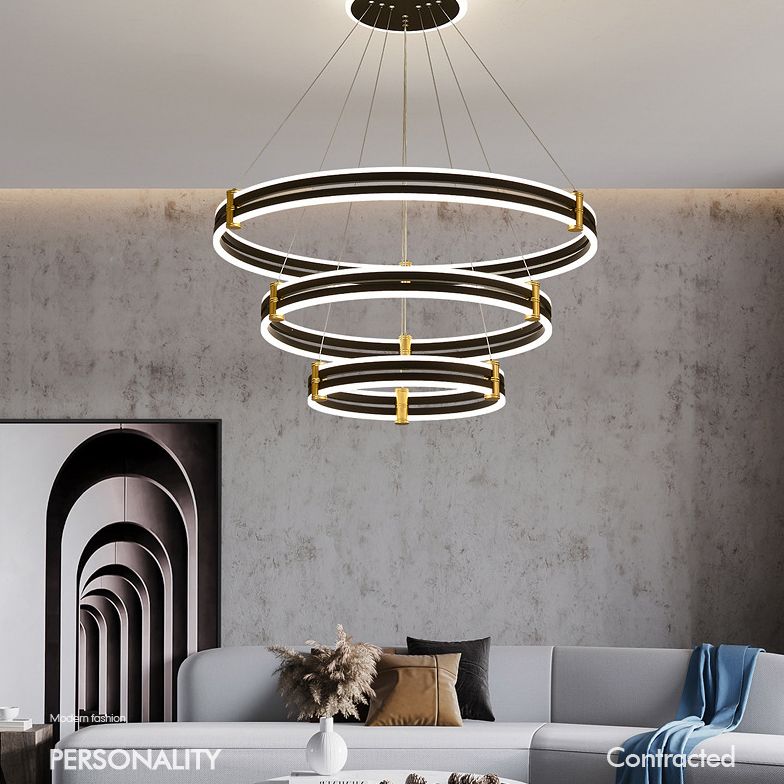 Black Tiered Round Chandelier Minimalist Acrylic LED Suspension Light for Living Room