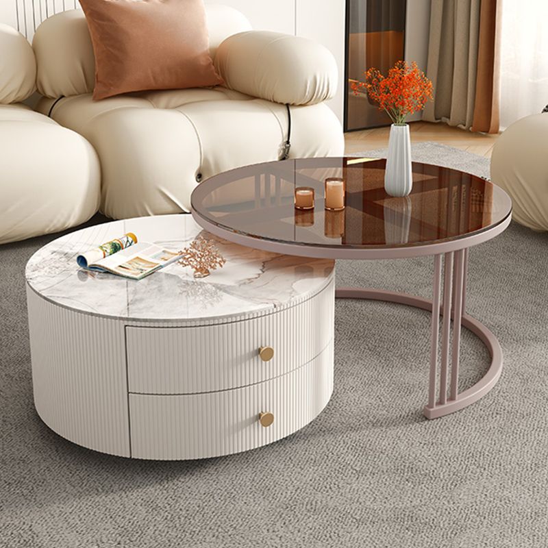 Glam Nesting Coffee Table Set Frame Round Slate Coffee Table with Drawers