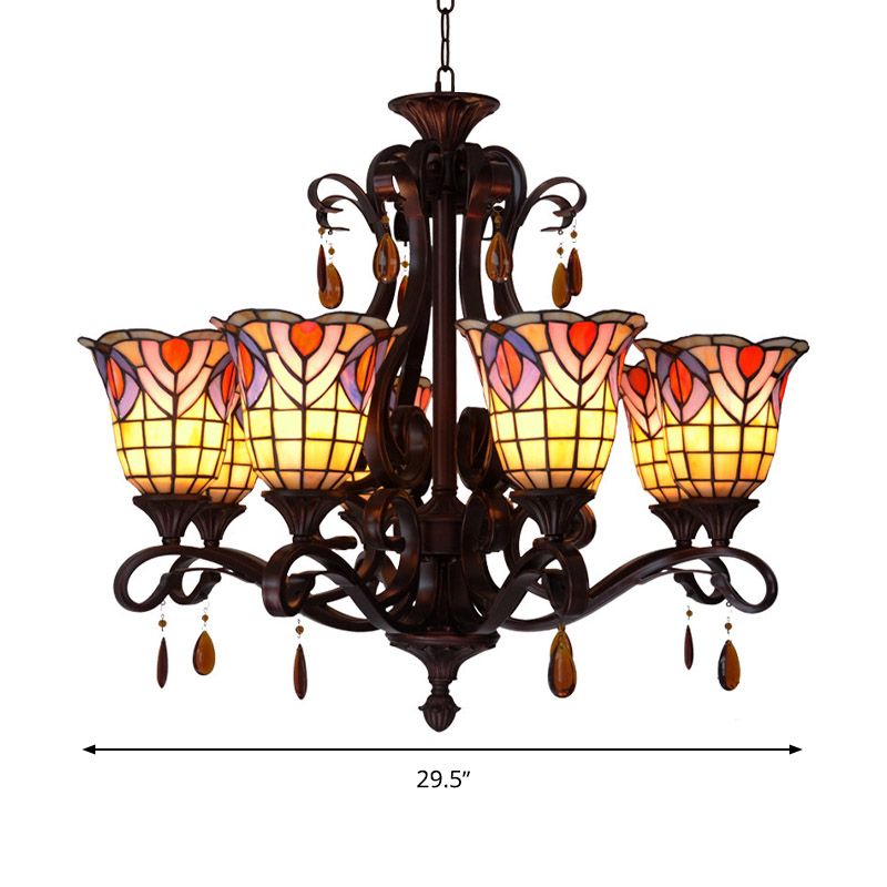 6 Lights Bedroom Ceiling Chandelier Victorian Red/Pink/Blue Drop Pendant with Floral Stained Glass Shade