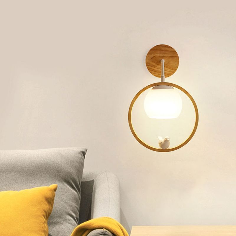Modernism Wood Lighting Globe White Glass Shaded Wall Light for Foyer
