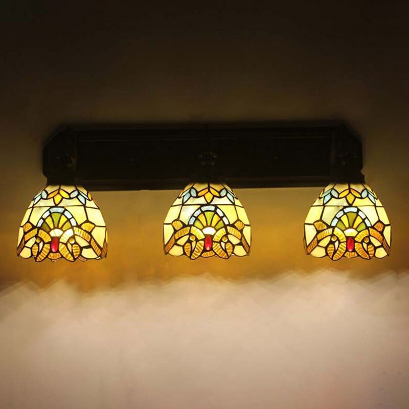 Dome Stained Glass Wall Mount Light Baroque 3 Heads Brown Sconce Lighting for Hallway