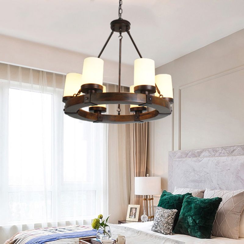 Round Solid Wood Rustic Style Chandelier Cylindrical White Glass Shade Dining Room Lighting Fixture