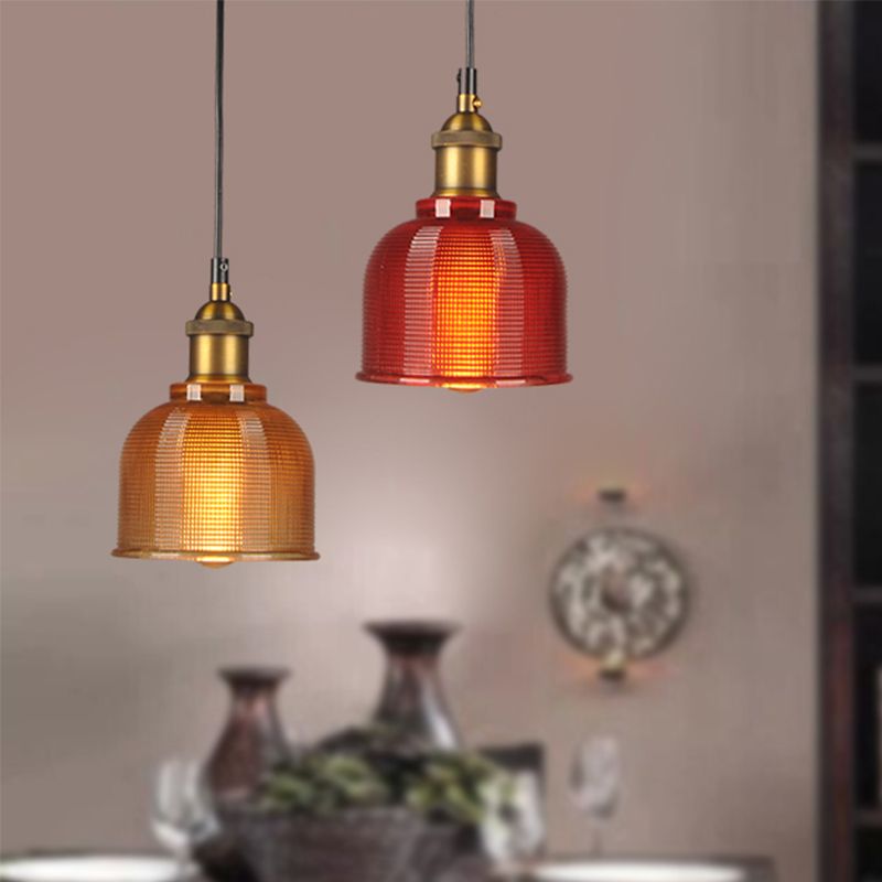 Retro Style Carillon Pendant Light 1-Light Red/Orange/Blue Gridded Glass Suspension Lighting for Dining Room