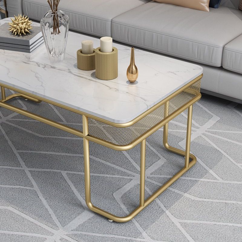 Glam Style Rectangle Coffee Table with Golden Iron Base and Shelf