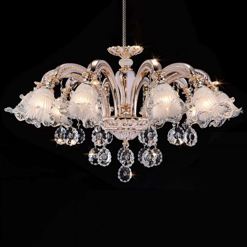 Vintage Floral Chandelier Pendant Light Ribbed Ruffle Glass Hanging Light with Crystal Accent