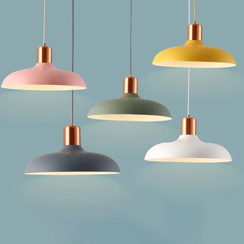 1 Bulb Restaurant Suspension Lamp Macaron Style Pendant Light Fixture with Bowl Metal Shade