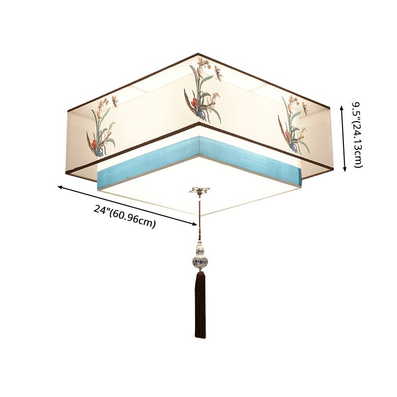 Geometric Wrought Iron Ceiling Light in Traditional Simplicity Fabrics Indoor Flush Mount with Ceramic Flower Decoration