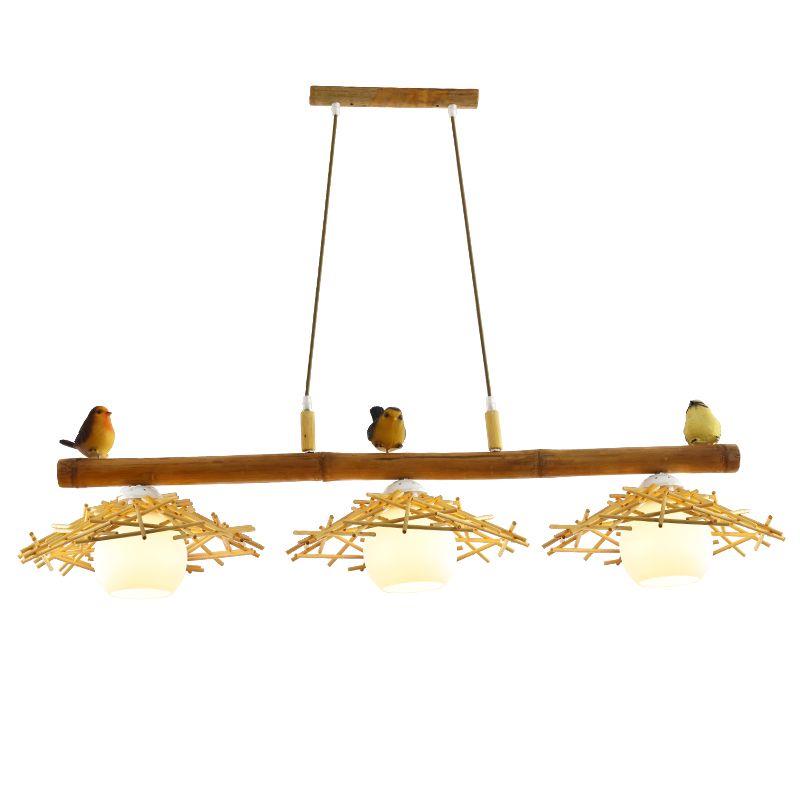 Cottage conico Isola Light Bamboo Bamboo Accensione in legno con ombra di vetro bianco cupola