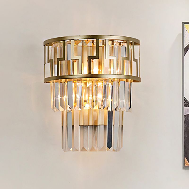 Modernism Layered Wall Lamp Clear Crystal 2 Lights Bedside Wall Sconce Fixture in Brass