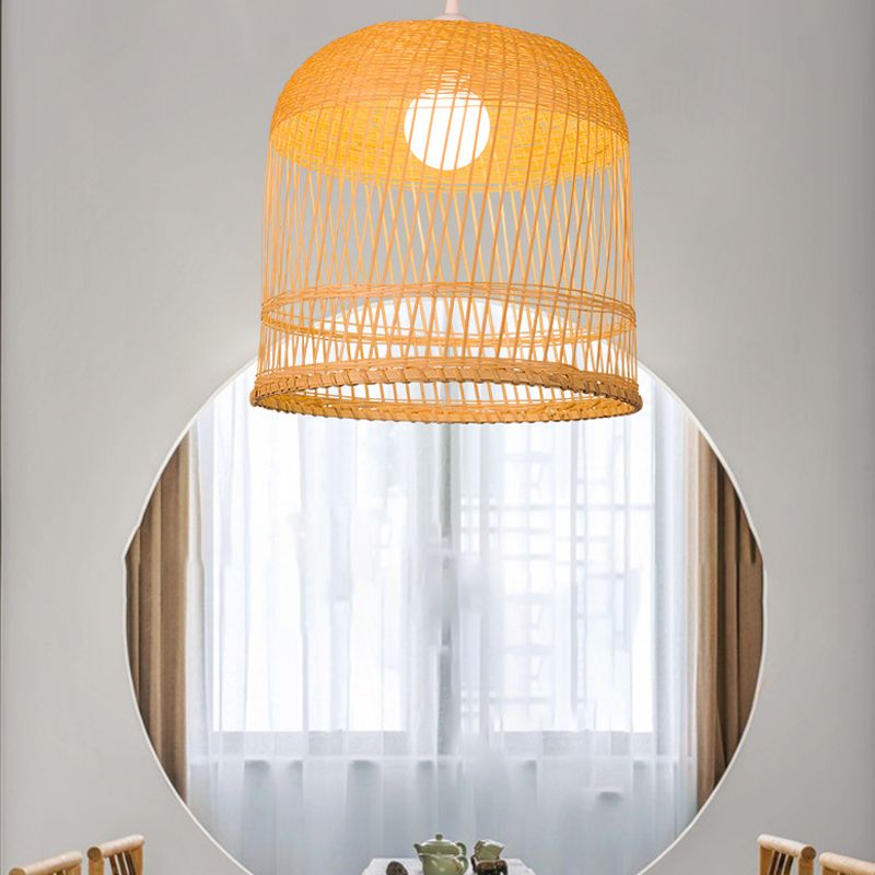 Wood Bell Hanging Lamp Retro 1 Head Bamboo Ceiling Pendant Light for Living Room
