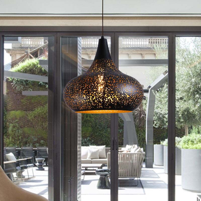 1 Glühbirne geätzte Kürbisanhängerlampe Vintage Schwarzes Eisenhänge -Licht für das Restaurant