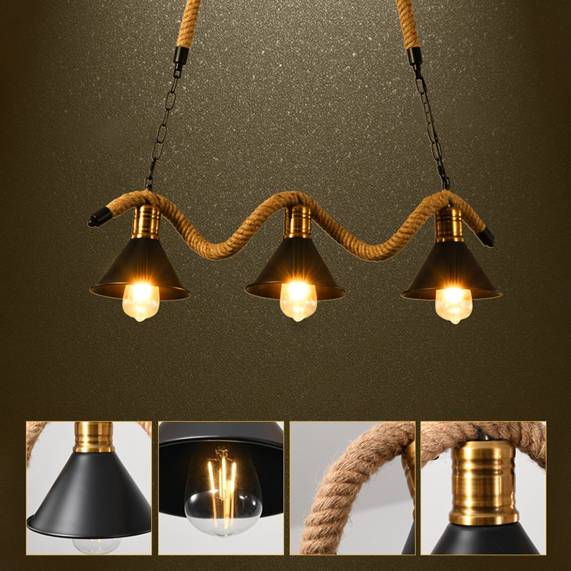 Schmiedeeisen schwarzes Insel Anhänger Licht im industriellen Vintage -Stil Hanfseildecke für Café