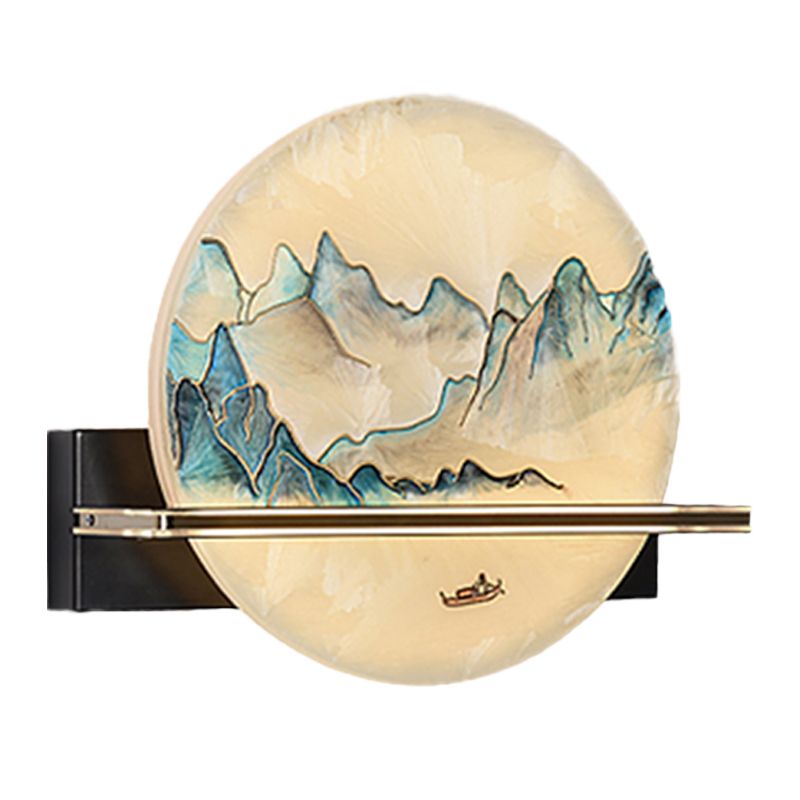 Blue and White Hills Painting Mural Light Chinese Metal LED Flush Wall Sconce for Bedside