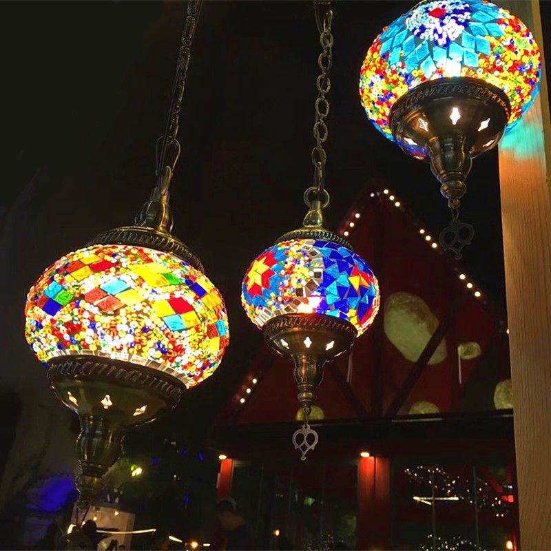 Stained Glass Oblate Pendant Light Vintage 1 Head Restaurant Suspension Light Fixture