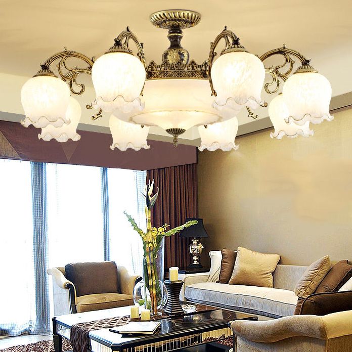 Lámpara semi rascilla de múltiples cabezas iluminación de techo de dormitorio tradicional con sombra de vidrio de flores