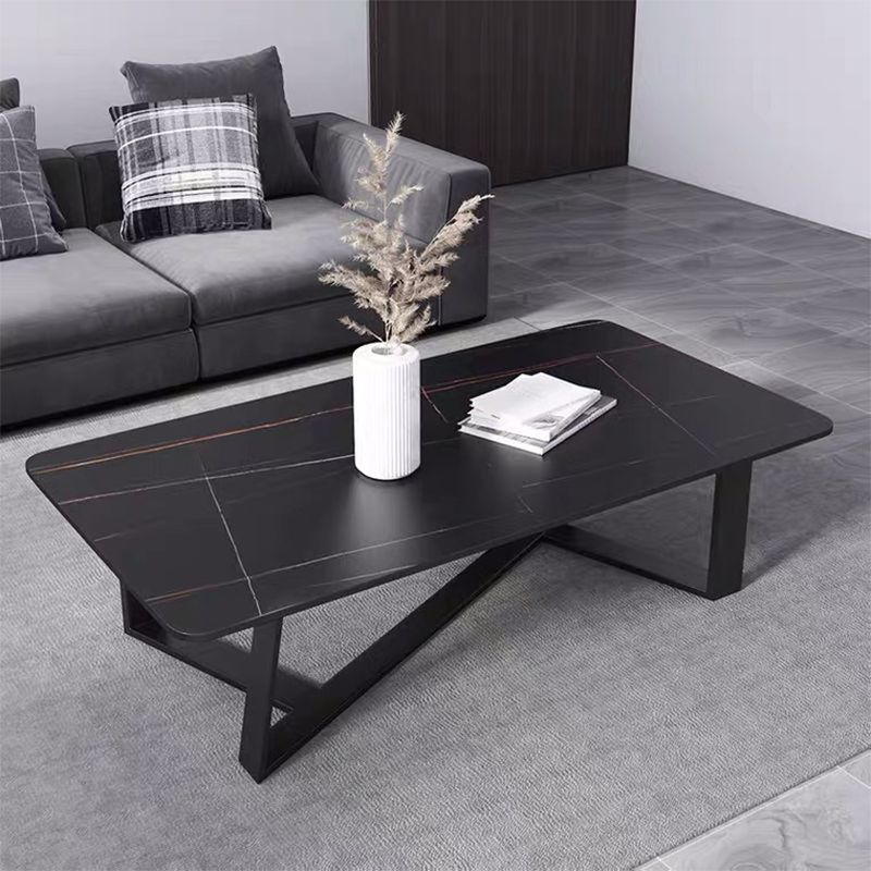 Glam Rectangle Stone Top Cocktail Table with Black Iron Cross Leg