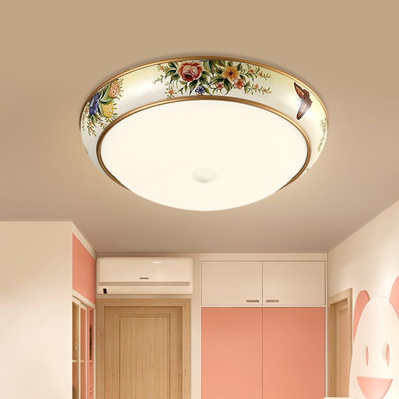 Frosted White Glass Dome Ceiling Flush Korea Country 14"/19.5" Dia LED Bedroom Flush Mount Fixture