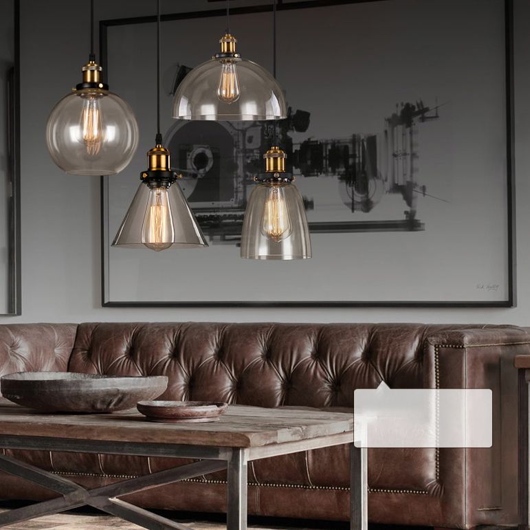 Clear Glass Shade Hanging Ceiling Light Industrial Vintage Brass 1 Light Restaurant Down Lighting