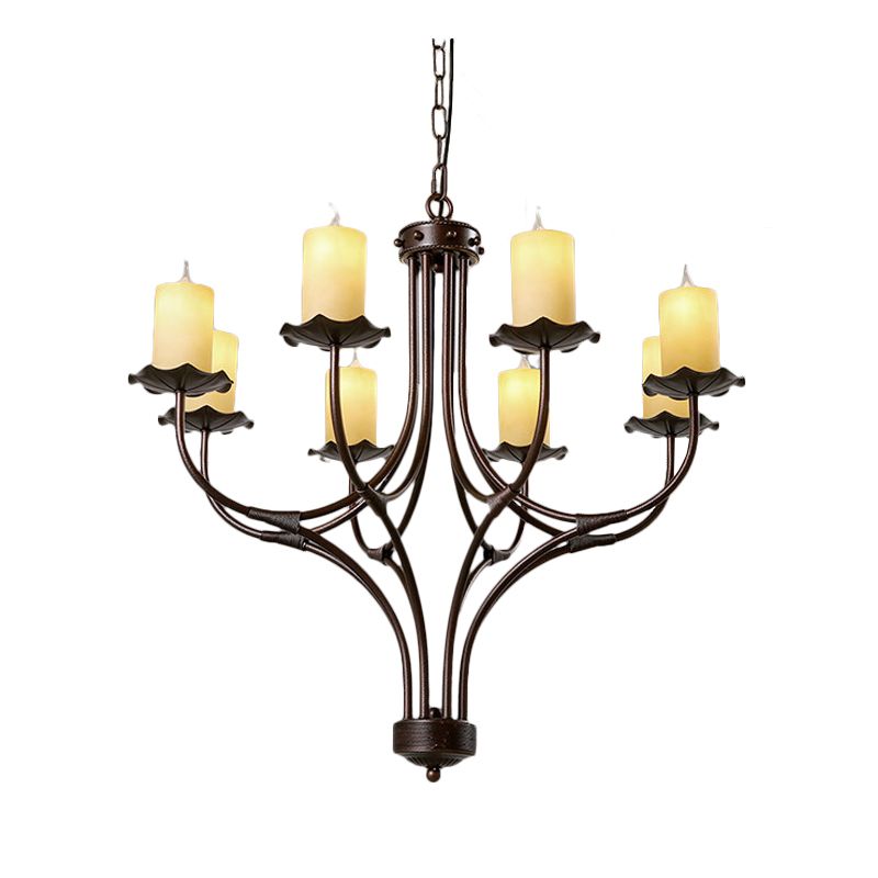 8 Lights Yellow Glass Hanging Chandelier Country Bronze Candle Shaped Living Room Pendant Light Fixture