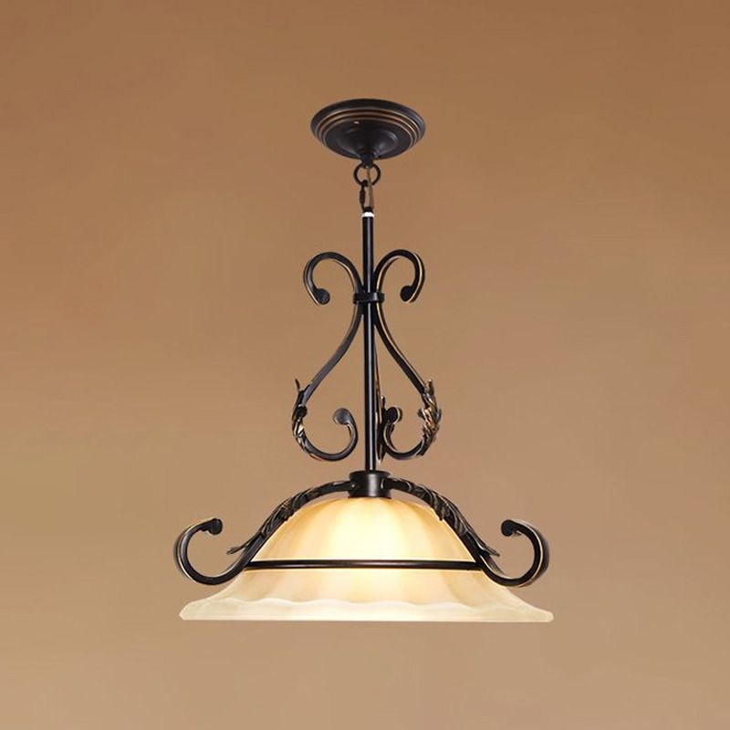 Curved Iron Suspension Lighting Classic 1 Head Dining Room Pendant Ceiling Light with Distressed White Glass Shade
