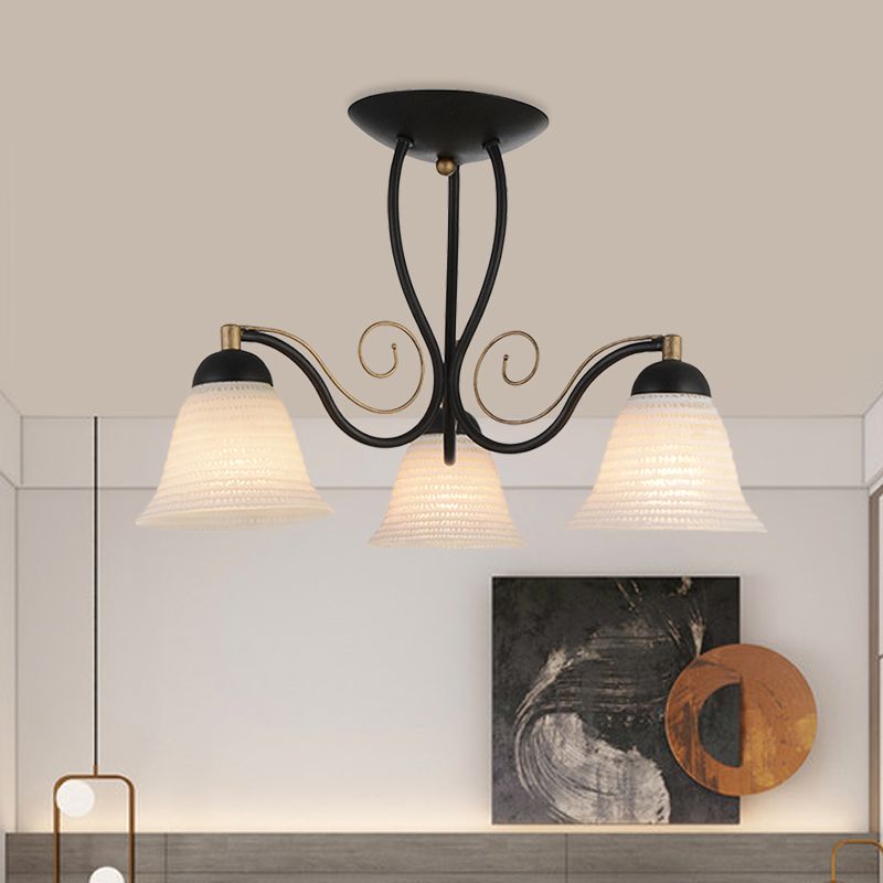 Bell Bedroom Semi Flush Mount Rustic Opal Glass 3 Heads Black Ceiling Light Fixture