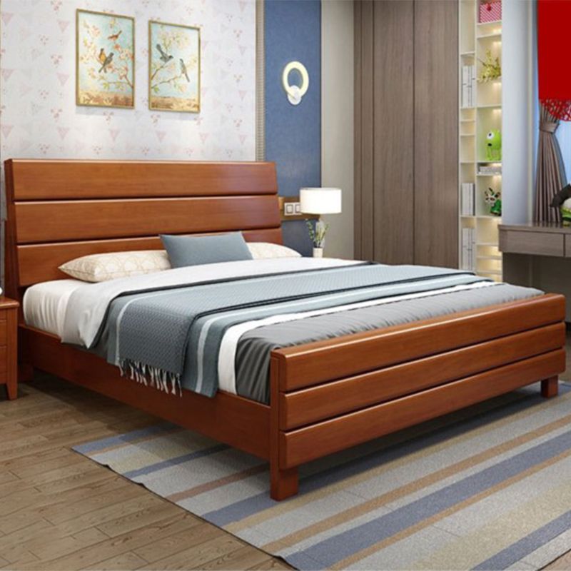 39.37" High Brown Panel Bed with Storage Rubberwood Bed with Headboard