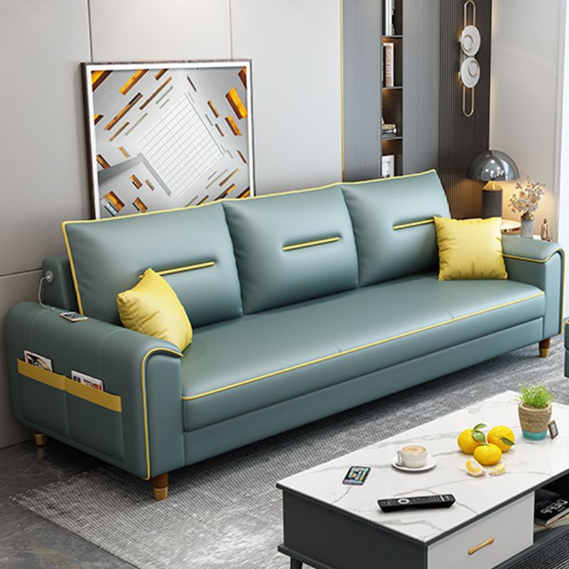 Nordic Leather Sofa with Bolster Pillows Single Cushion Seat Square Arm for Living Room