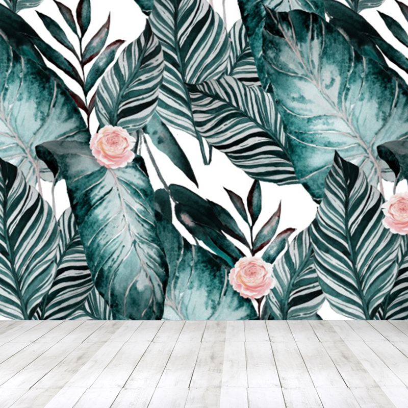 Tropical Leaves Mural Wallpaper Blackish Green Decorative Wall Covering for Bedroom