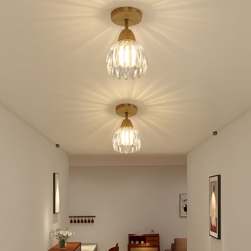 Nordic Flush Mount Flower Ceiling Light Fixture with Wood and Glass for Hallway