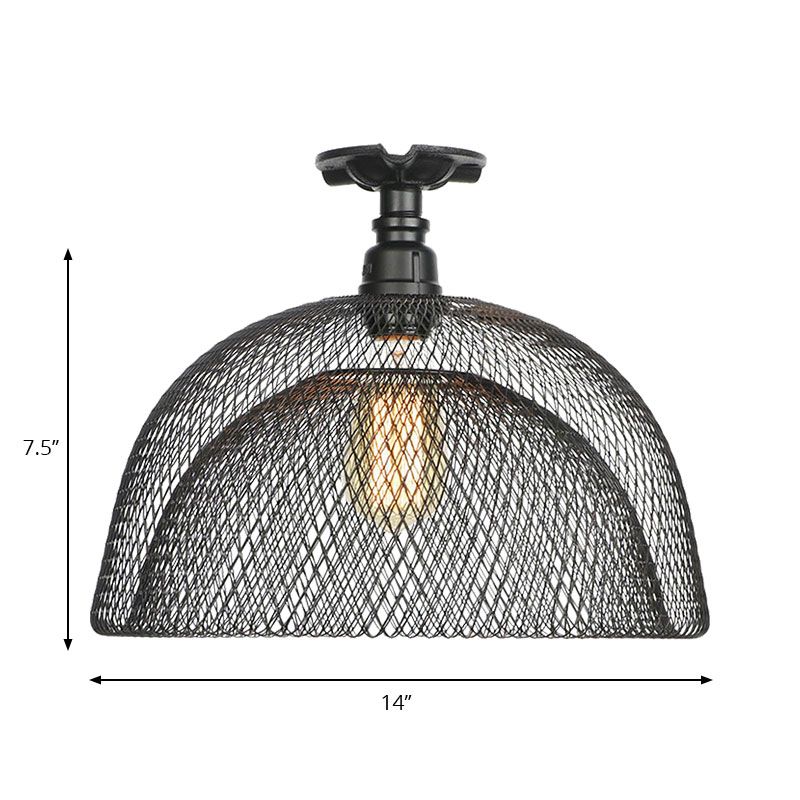 1 Bulb Saucer/Barrel Semi Flush Light Industrial Stylish Black Finish Metal Ceiling Mounted Light with Mesh Screen