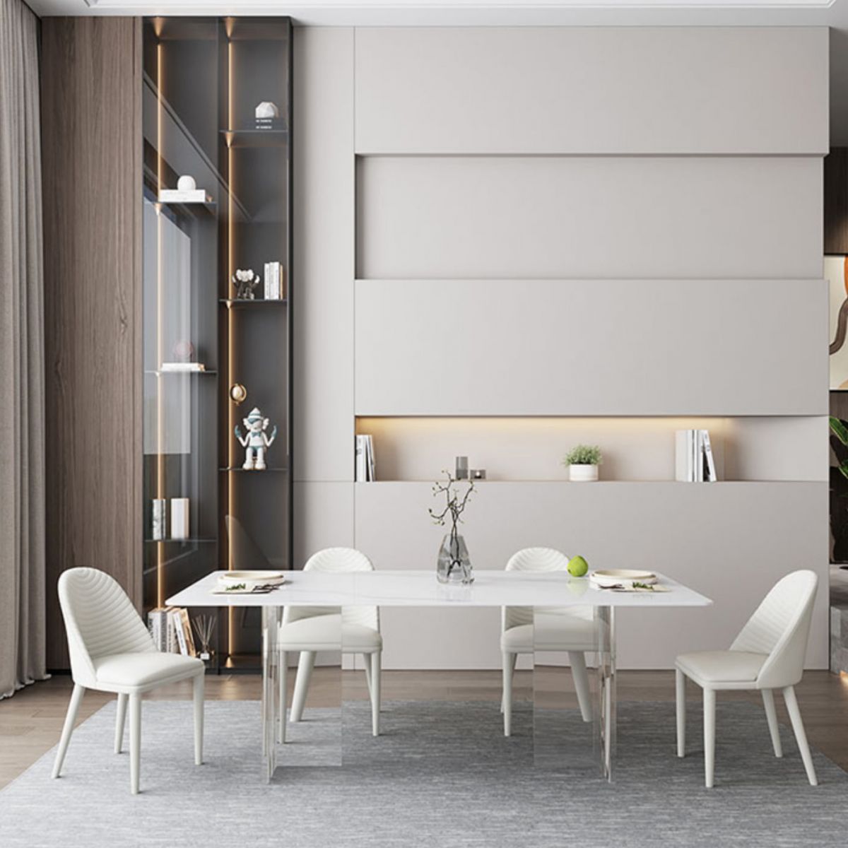 Mesa de comedor rectangular moderna, mesa de comedor de piedra sinterizada blanca con base acrílica para cocina